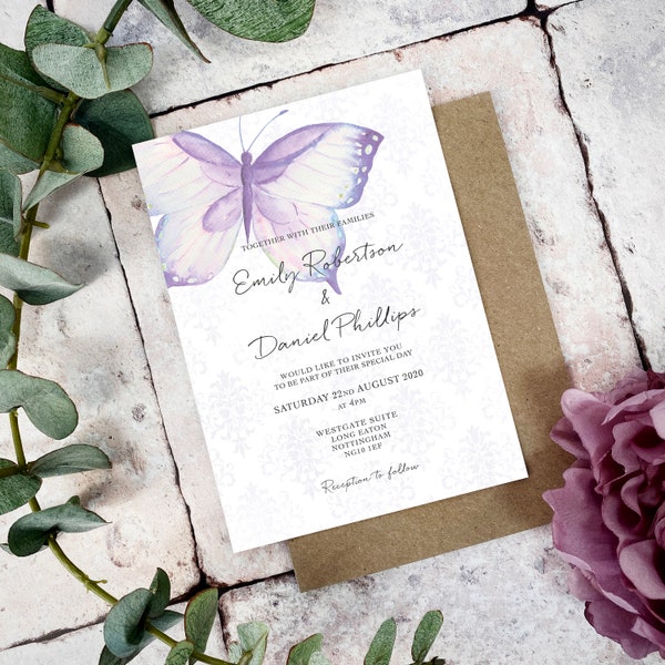 Butterfly Purple Wedding Invite Sample, Lilac wedding, Butterfly stationery, BLO