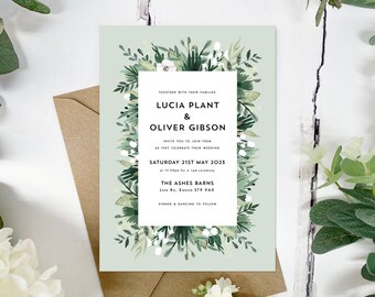 Green and White Wedding Invite, Sage green, White Flowers Wedding, Green and White Wedding Stationery, Foliage, Greenery, White Flowers SG