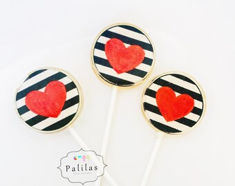 Heart chic custom made lollipops, wedding favors, valentines day gifts, red heart wedding party favors, red heart candy treats, SET OF 6