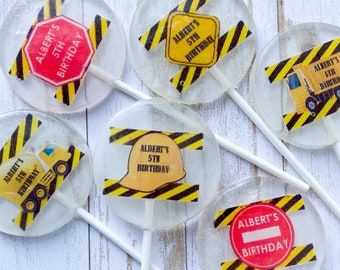 Construction lollipops, yellow truck favors, dumbstruck treats, construction zone party favors, excavator birthday, transportation suckers