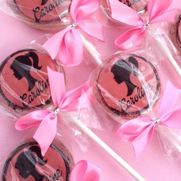 Barbie inspired customize lollipops, Barbie inspired birthday party personalize favors, Barbie favors, pink and black favors, SET OF 6