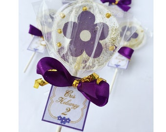 6 Flower lollipops, Customized tag party favors, baby shower favors, flower-shaped tag suckers. hard candy treats, purple flower souvenirs