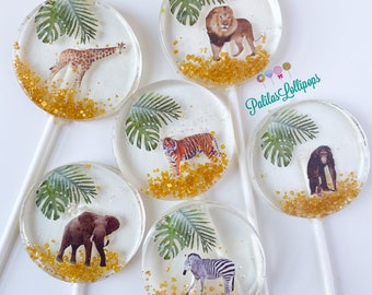 Safari animal lollipops party favors, jungle animal suckers,  zoo animal treats, wild animal candy favors, wild animal suckers,  SET OF 6