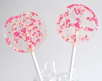 Fuchsia and light pink sprinkled crystal clear lollipops, Pink baby shower favors, pink birthday, wedding, bridal shower favors SET OF 6