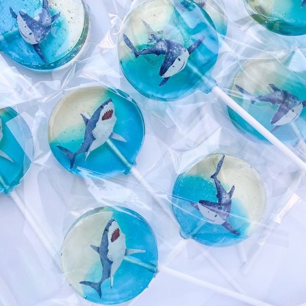 Shark inspired lollipop favors, shark  suckers, shark candy, white shark favors SET OF 6