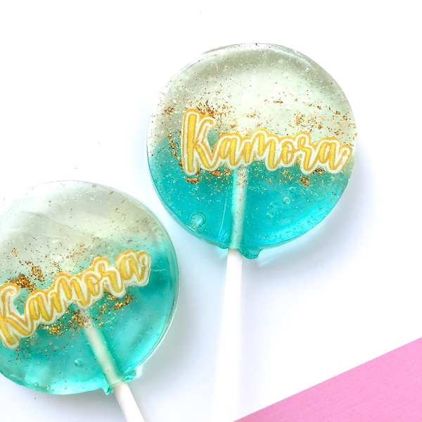 Piruletas y nombre azul Ombre hechos a medida, favores de fiesta de piruletas azules con efecto degradado, golosinas de caramelo duro azul, ventosas azules, SET 0F 6