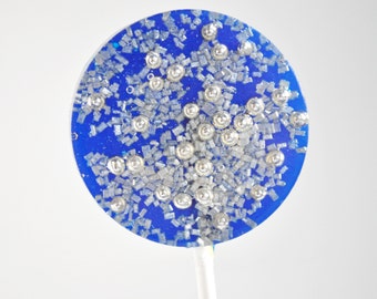 Blue and Silver Hard Candy Lollipops, Wedding favors, birthday party, bridal shower  favors,  blue and silver handcrafted suckers, SET OF 6