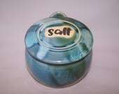 Salt pig with lid and handle. Three Greens Glaze range - height approx. 12 cm width approx 12cm