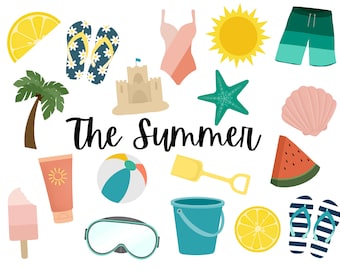 Beach Clipart for Summer, Summer Tropical Clipart, Beach Time, Hello Sunshine