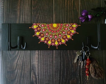 Wooden wall key rack with hooks, wood key holder with mandala, clothes hanger, coat rack, wall hangers, house warming gift