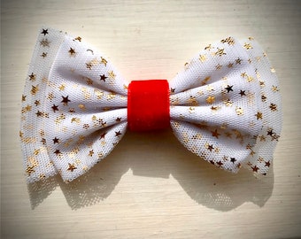 Girl’s white with gold star tulle and red velvet hair bow, 1st birthday hair bow, flower girl hair bow