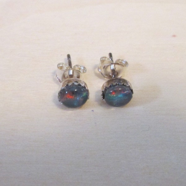 Black opal ear studs earrings, Lightning Ridge genuine gemstones, sterling silver, free gift wrap