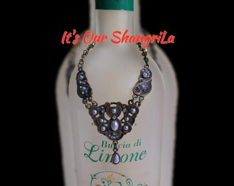 Wine Bottle Charm~Brass  Filigree Pendant with Pearls and Rhinestones