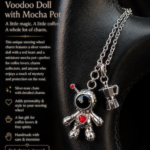 May include: A silver-tone metal charm accessory featuring a voodoo doll figure with a black circular head, a red heart-shaped chest accent, and a small red antenna, paired with a miniature silver mocha pot charm on a linked chain.