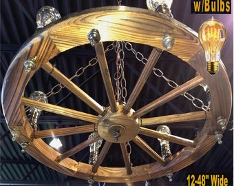 Wagon Wheel Chandelier 30" Wide USA Made, Pendant Light or Plug In Swag Lamp, Rustic Real Fir Wood with Steel Rim, Available 12-72" Wide