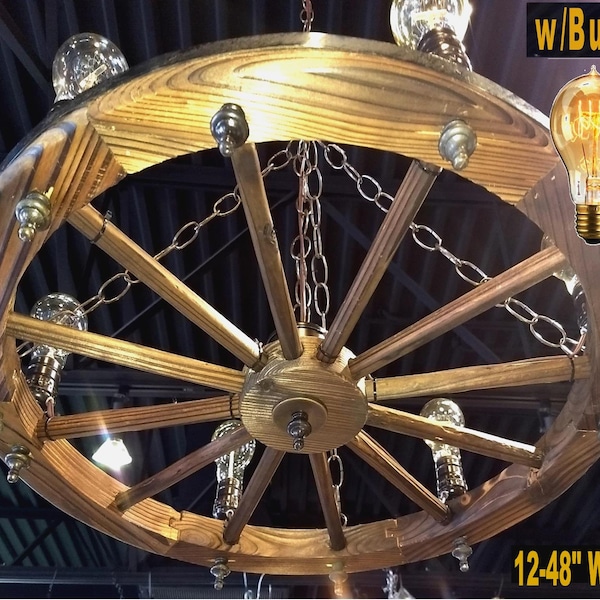 Wagon Wheel Chandelier 30" Wide USA Made, Pendant Light or Plug In Swag Lamp, Rustic Real Fir Wood with Steel Rim, Available 12-72" Wide