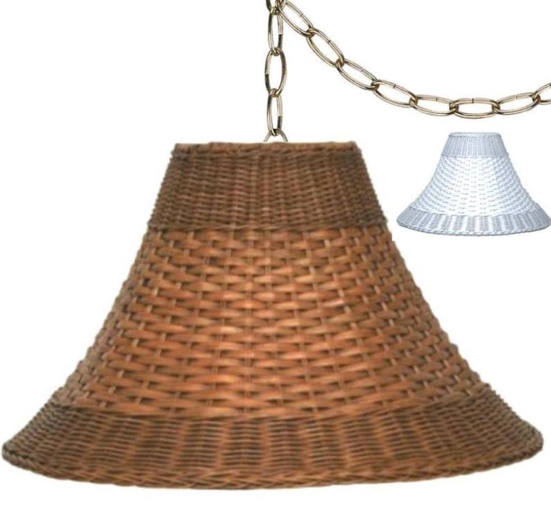 BROWN or WHITE Wicker Rattan Swag Lamp Plug in Pendant Light Portable