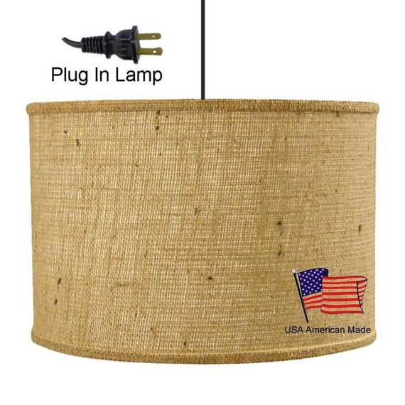 Plug In Burlap Drum Pendant Light Swag Lamp Chandelier Mid Century Modern Hanging Rustic Vintage Antique Retro Usa American Made 15 W