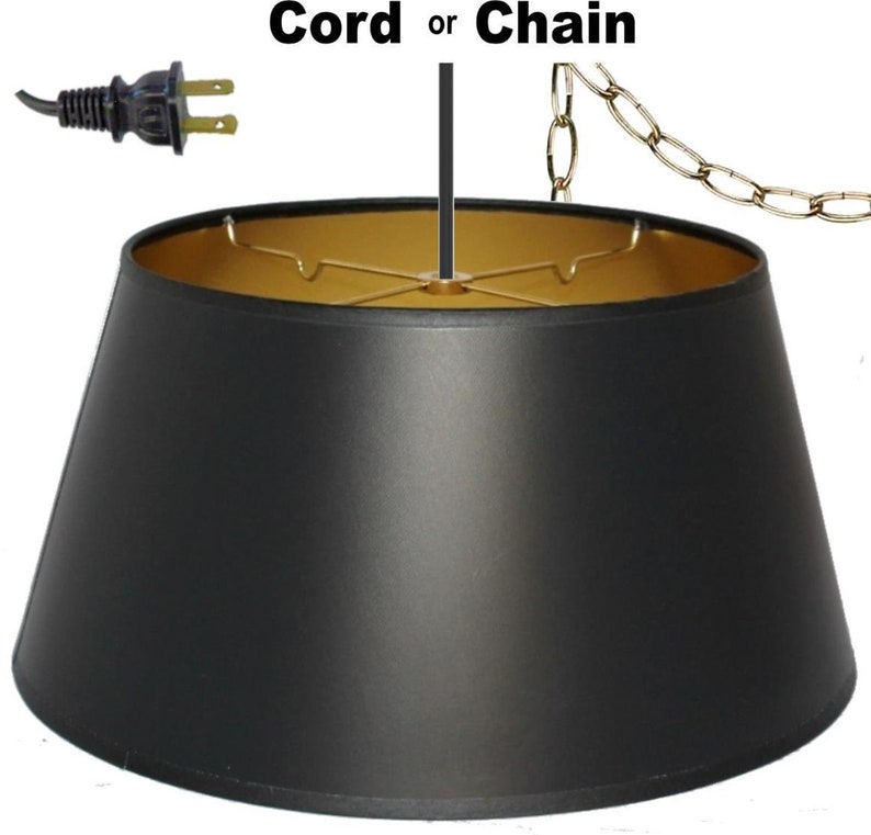 Satin Black Parchment Paper Plug In Pendant Light Drum Swag Lamp Chandelier Mid Century Hanging Lamp Vintage Antique Retro USA Made 10-18W