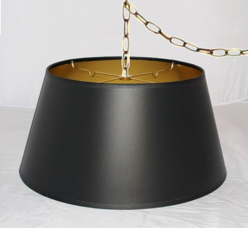 Satin Black Parchment Paper Plug In Pendant Light Drum Swag Lamp Chandelier Mid Century Hanging Lamp Vintage Antique Retro USA Made 10-18W