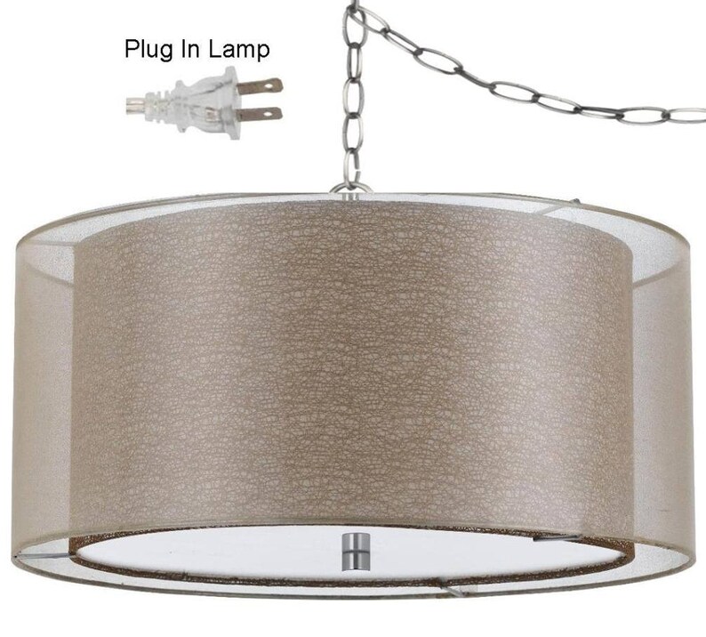 Plug In Drum Pendant Light Swag Lamp Portable Chandelier Unique Sheer Organza Over Co Linen Mid Century Hanging Vintage Retro 18 W