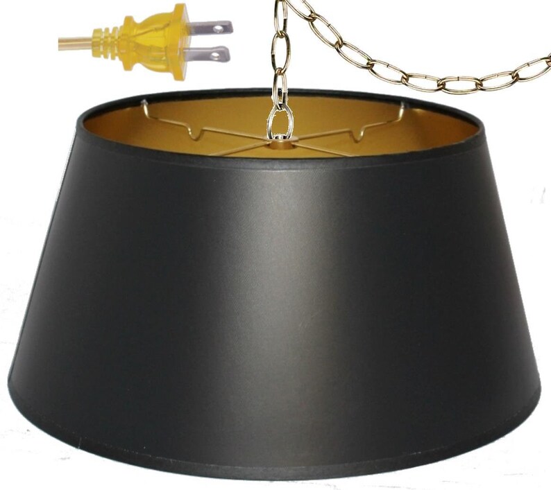 Satin Black Parchment Paper Plug In Pendant Light Drum Swag Lamp Chandelier Mid Century Hanging Lamp Vintage Antique Retro USA Made 10-18W