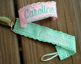 Scalloped Edge Monogrammed Pacifier Clip/Holder & Name Bands in Solids