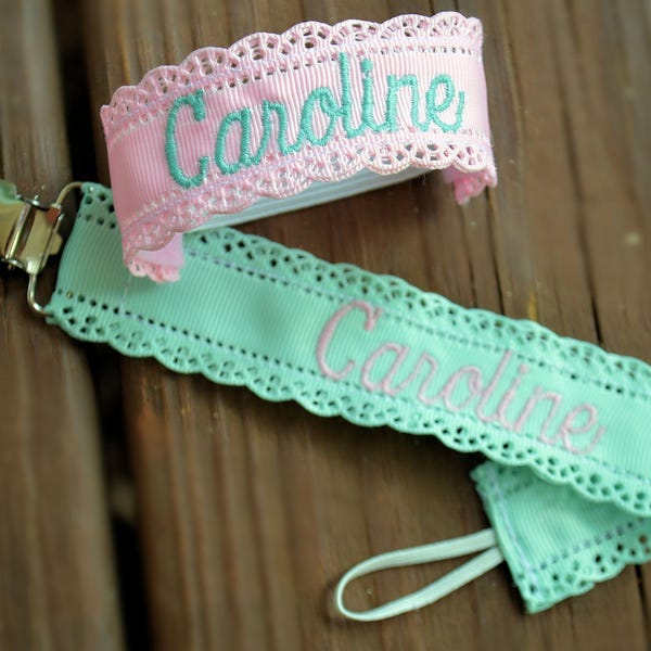 Scalloped Edge Monogrammed Pacifier Clip/Holder & Name Bands in Solids