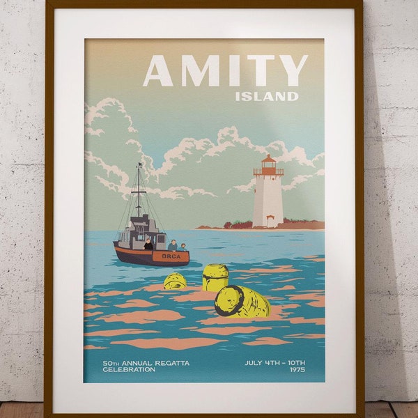 Póster vintage de viaje de Amity Island [póster de la película Tiburón; pósteres de películas alternativos; póster ilustrado de la película Tiburón]