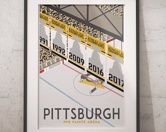 May include: A black and white illustration of a hockey rink with a player skating on the ice. The rink is surrounded by yellow banners with the text "Stanley Cup Champions" and the years "1991", "1992", "2009", "2016", and "2017". The text "Pittsburgh PPG Paints Arena" is below the rink.