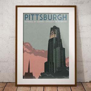 Vintage Inspired Pittsburgh Travel Poster - Cathedral of Learning print (University of Pittsburgh, Pitt Panthers poster)