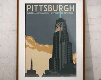 Vintage Inspired Pittsburgh Travel Poster - Cathedral of Learning print [Victory Lights Variant] (University of Pittsburgh; Pitt Panthers)