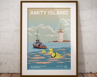 Vintage Amity Island Travel Poster [Jaws movie poster; alternative movie posters; illustrated Jaws movie poster]