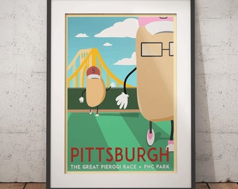 Vintage Inspired Pittsburgh Travel Poster (PNC Park / The Great Pierogi Race)