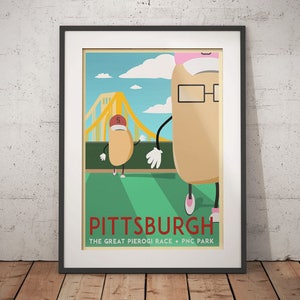 May include: A vintage-style poster with a cartoon illustration of two pierogies running a race. The poster is titled "Pittsburgh: The Great Pierogi Race - PNC Park".