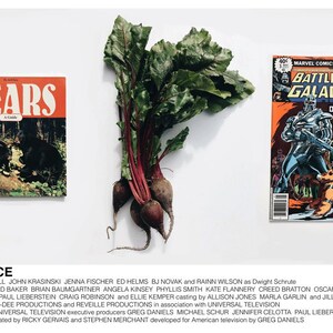 May include: A still life image featuring a red and green bunch of beets, a children's book titled "BEARS", and a comic book titled "BATTLESTAR GALACTICA DEATHTRAP!" The image is set against a white background.