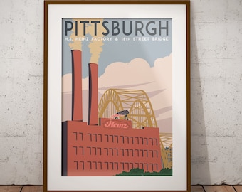 Vintage Inspired Pittsburgh Travel Poster (Heinz Factory and 16th Street Bridge)