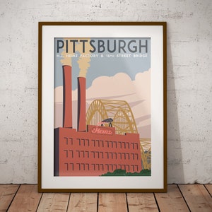 Vintage Inspired Pittsburgh Travel Poster (Heinz Factory and 16th Street Bridge)