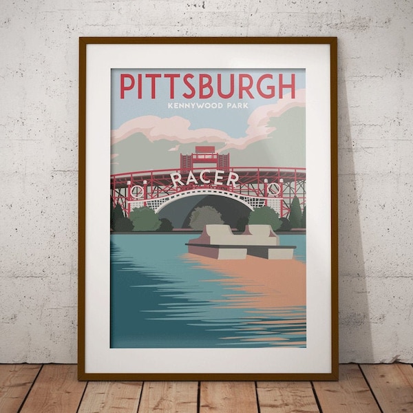 Puede incluir: Un póster de estilo vintage con el texto "PITTSBURGH KENNYWOOD PARK" y una ilustración de la montaña rusa Racer en el parque de atracciones Kennywood en Pittsburgh, Pensilvania.