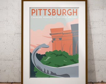 Vintage Inspired Pittsburgh Travel Poster (Dippy the Dinosaur, Carnegie Museum of Natural History)