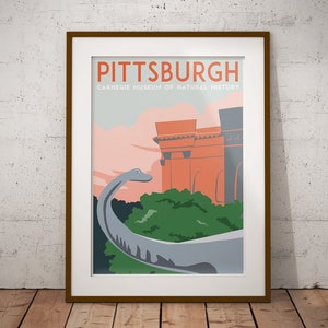 May include: A vintage-style poster advertising the Carnegie Museum of Natural History in Pittsburgh, Pennsylvania. The poster features a stylized illustration of a dinosaur in front of the museum building, with the text "PITTSBURGH CARNEGIE MUSEUM OF NATURAL HISTORY" at the top.