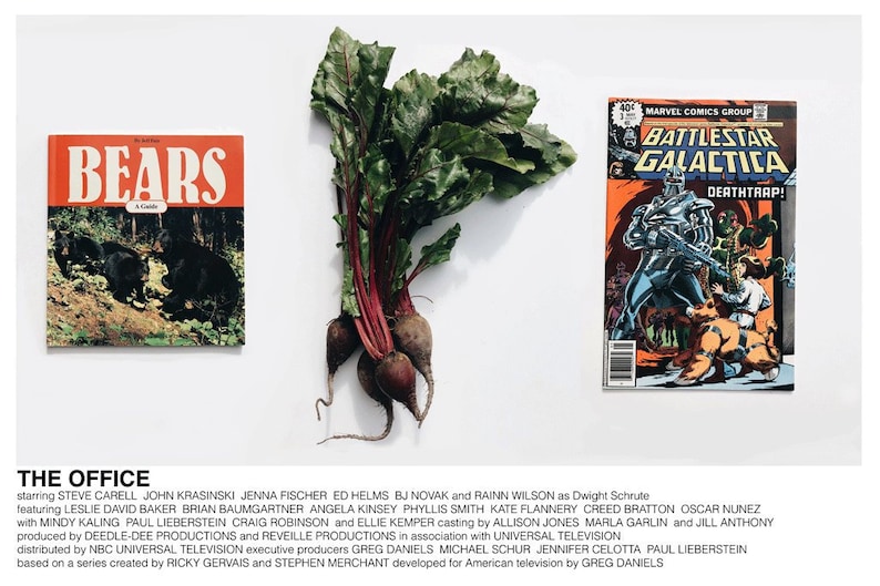 May include: A still life image featuring a red and green bunch of beets, a children's book titled "BEARS", and a comic book titled "BATTLESTAR GALACTICA DEATHTRAP!" The image is set against a white background.