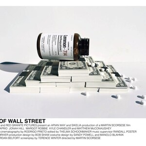 May include: A stack of cash with a bottle of Lemmon-714 Inethaqualone pills on top. The bottle is brown with a white label. The text "The Wolf of Wall Street" is printed at the bottom of the image.