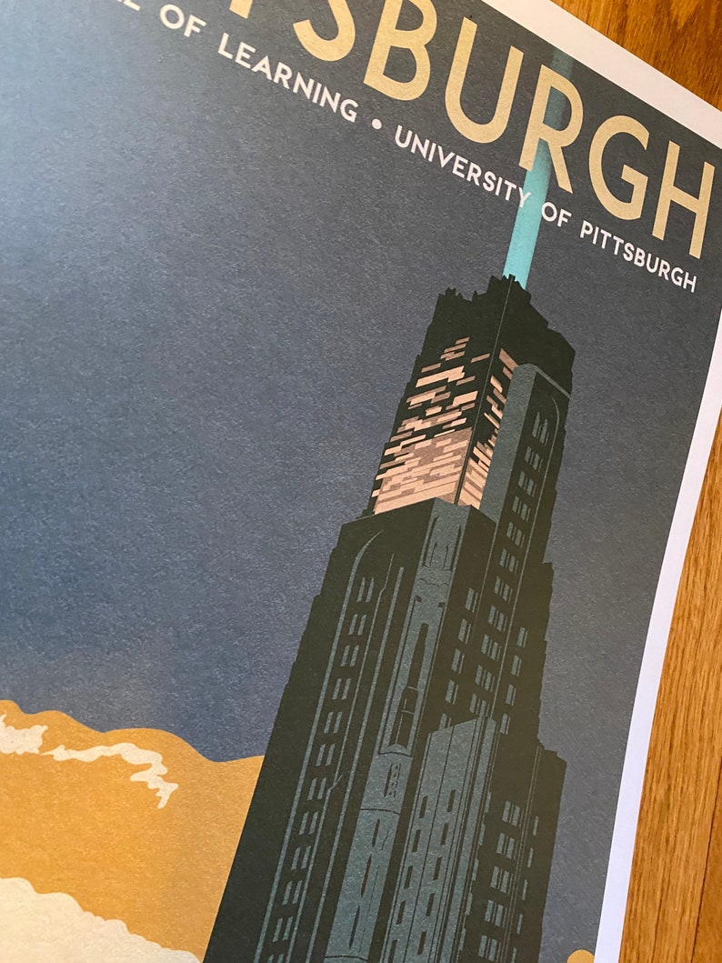 May include: A vintage-style travel poster featuring a tall, dark building with a blue and white light at the top. The building is set against a dark blue sky with a light brown cloud at the bottom. The text "Cathedral of Learning - University of Pittsburgh" is printed in yellow at the top of the poster.