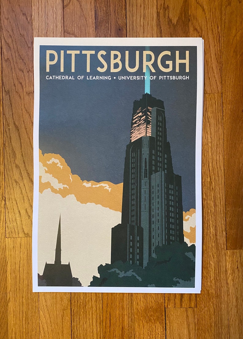 May include: A vintage travel poster featuring a stylized illustration of the Cathedral of Learning at the University of Pittsburgh. The poster is in a blue, gray, and yellow color scheme and features the text "PITTSBURGH" and "Cathedral of Learning - University of Pittsburgh".