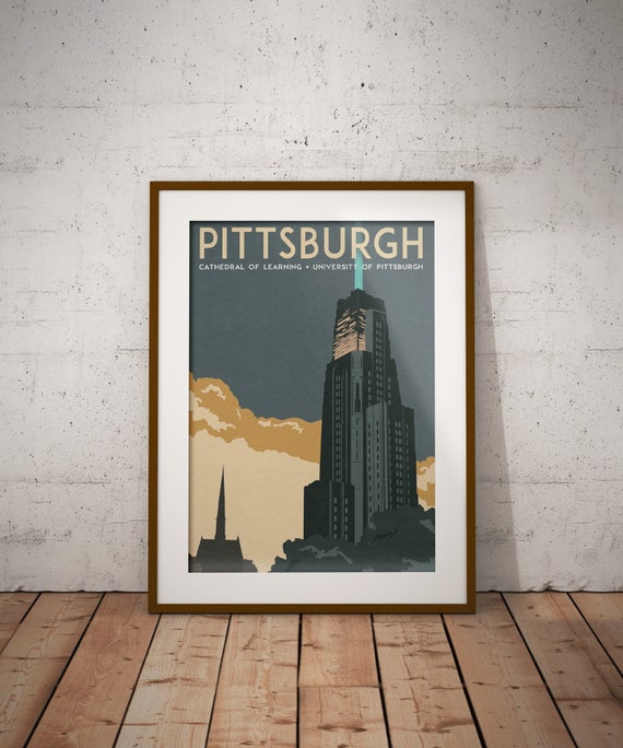 Vintage Inspired Pittsburgh Travel Poster - Cathedral of Learning print [Victory Lights Variant] (University of Pittsburgh; Pitt Panthers)