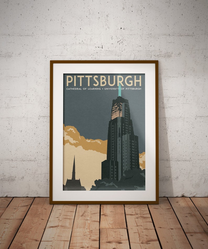 May include: A vintage travel poster featuring a stylized illustration of the Cathedral of Learning at the University of Pittsburgh. The poster is in a brown frame and has the text "Pittsburgh, Cathedral of Learning, University of Pittsburgh" at the top.