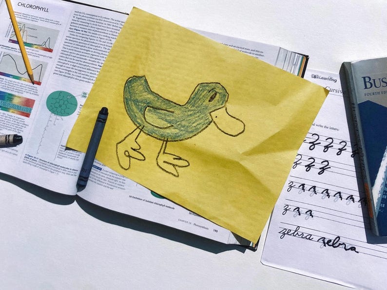 May include: A green crayon drawing of a duck on a yellow piece of paper. The paper is on top of an open textbook with a blue crayon next to it.