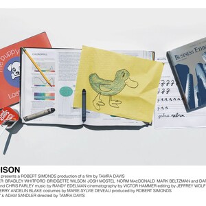 May include: A flat lay of various school supplies, including a red book with the title "The Puppy You Lost", a yellow sheet of paper with a green crayon drawing of a duck, a white notebook with a yellow pencil, a blue book with the title "Business Ethics", and a red and white candy wrapper.