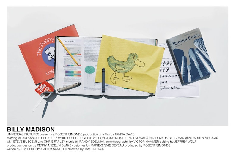 May include: A flat lay of various school supplies, including a red book with the title "The Puppy You Lost", a yellow sheet of paper with a green crayon drawing of a duck, a white notebook with a yellow pencil, a blue book with the title "Business Ethics", and a red and white candy wrapper.